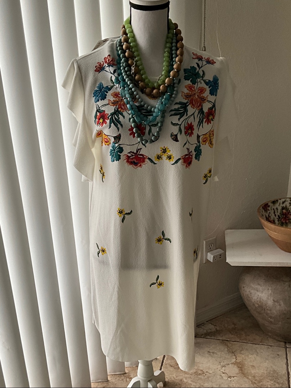 Ivory Floral Embroidered Shift Dress